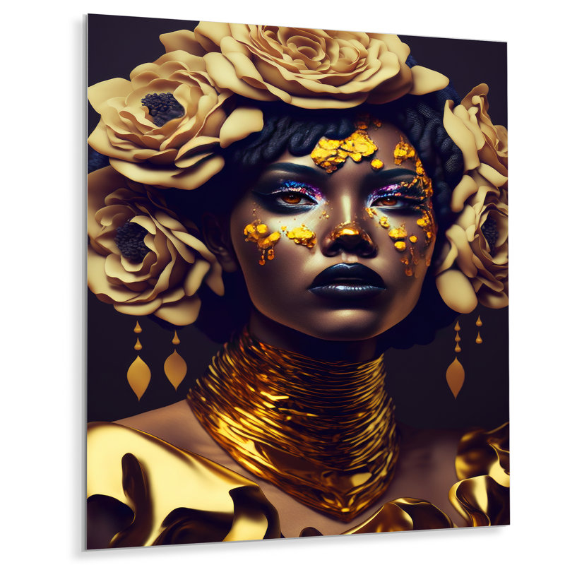 Décoration florale dorée et noire à motif floral femme en métal, H 32 po x l 16 po x P 1 po