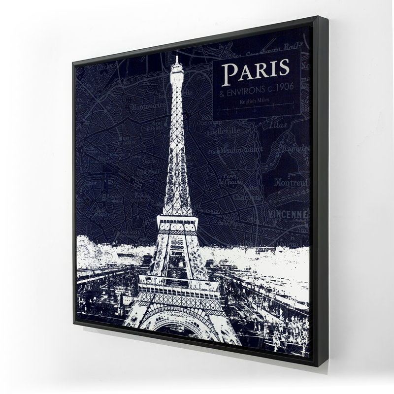 Paris Blue Print & Eiffel Tower - Framed Canvas Bedroom Decor