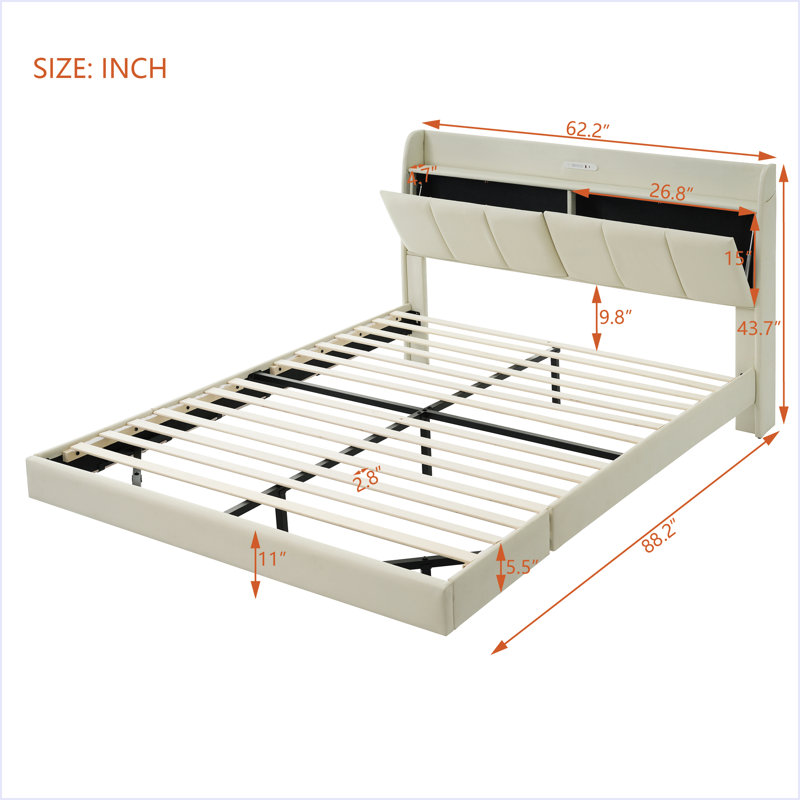 Queen Size Floating Bed Frame With Storage Headboard, Beige