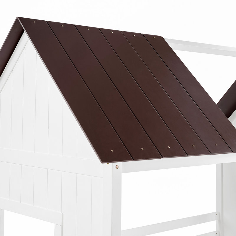 Twin Size Low Loft Wood House Bed with Roof, Window, Ladder and Guardrail