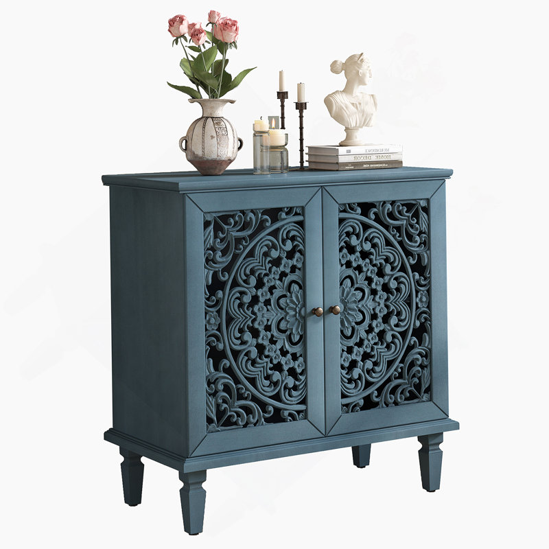 Accent Cabinet, 2-Door Display Storage Cabinet, Sideboard With Adjustable Shelf And Solid Wood Legs, Antique Blue