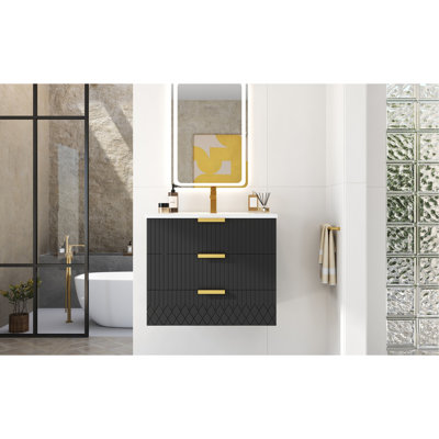 Armoire murale suspendue 24 po avec tiroir double, petit lavabo de salle de bain rectangulaire flottant avec trou de robinet simple et trop-plein, armoire de salle de bain moderne avec lavabo en céramique
