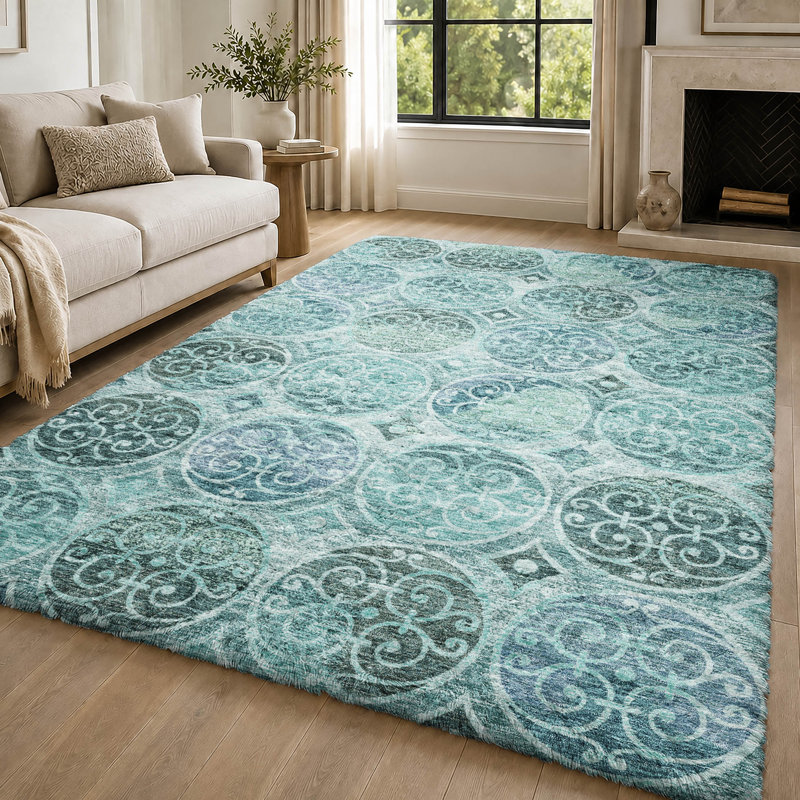 Tapis Dream Shag ADS738 à cercles, lavable à la machine de qualité supérieure, Teal, 9' x 12'