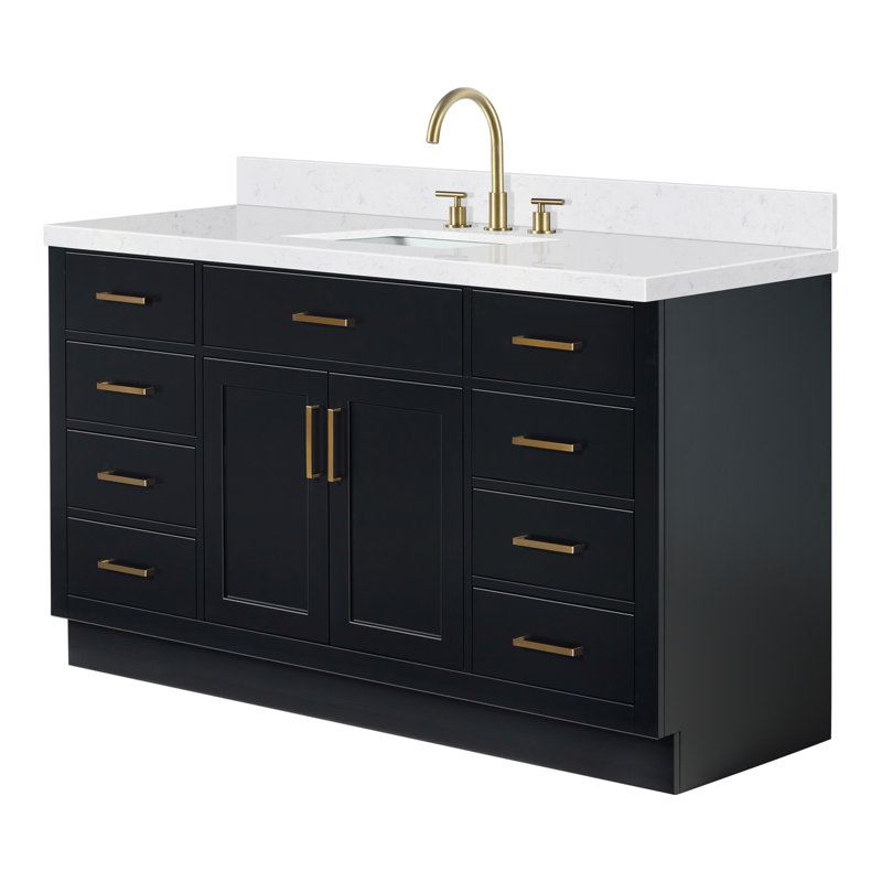 Thornaby Solid Wood Single Bathroom Vanity with 1.5'' Carrara Quartz Top, Black Oak, Rectangular
