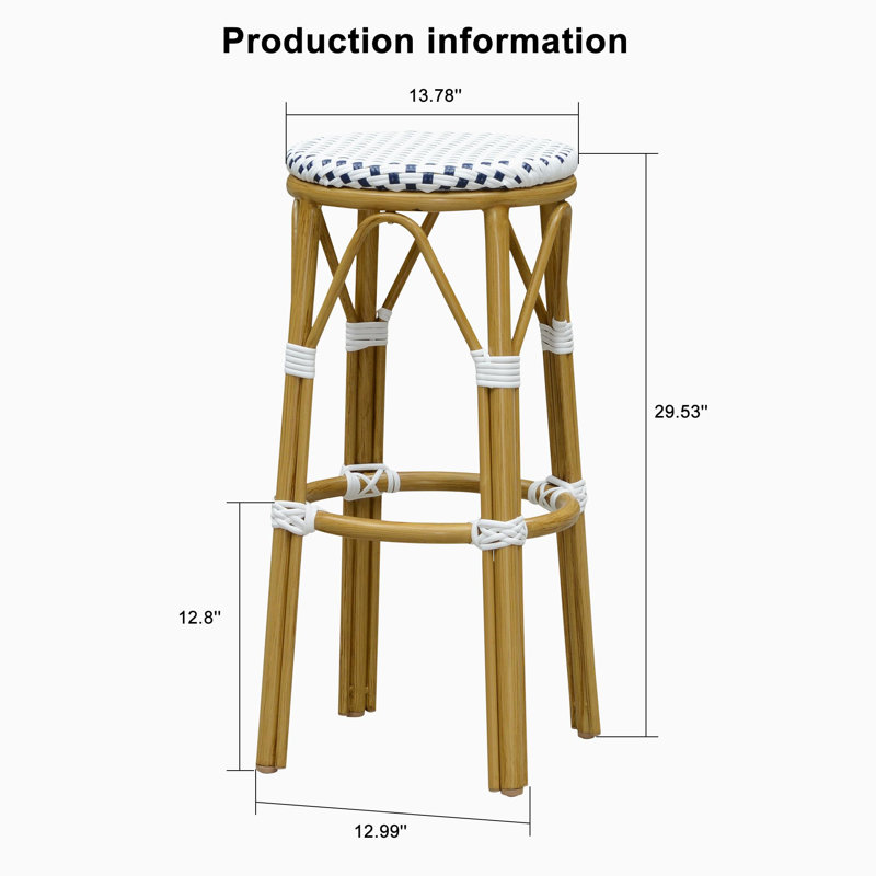 Ensemble de 2 tabourets de bar ronds sans dossier en rotin tressé pour terrasse, cuisine intérieure, bistrots, cafés et restaurants.