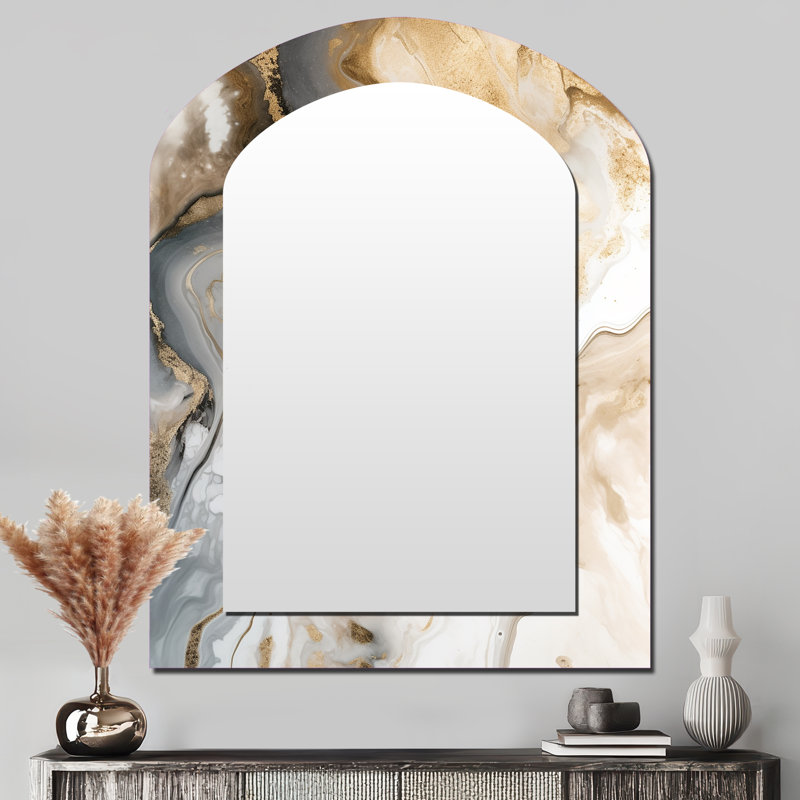 Gold And Grey A Marble Effect V - Marble Arch Wall Mirror, Modern Asymmetrical Decorative Mirror, Printed Metal Art