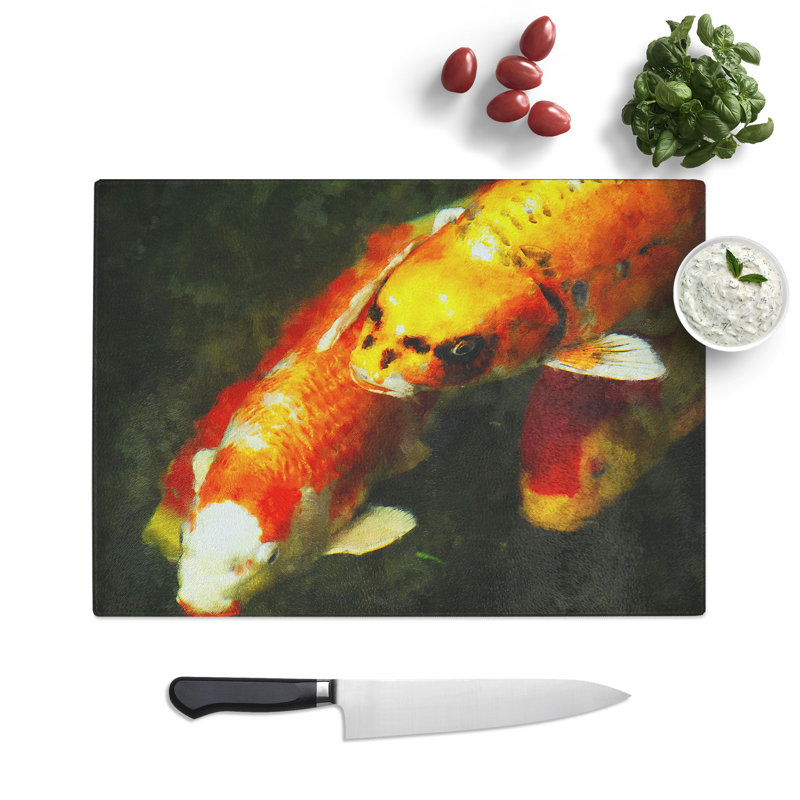 Koi Fish Painting Chopping Board, 0.4cm H x 28.5cm W x 39cm L