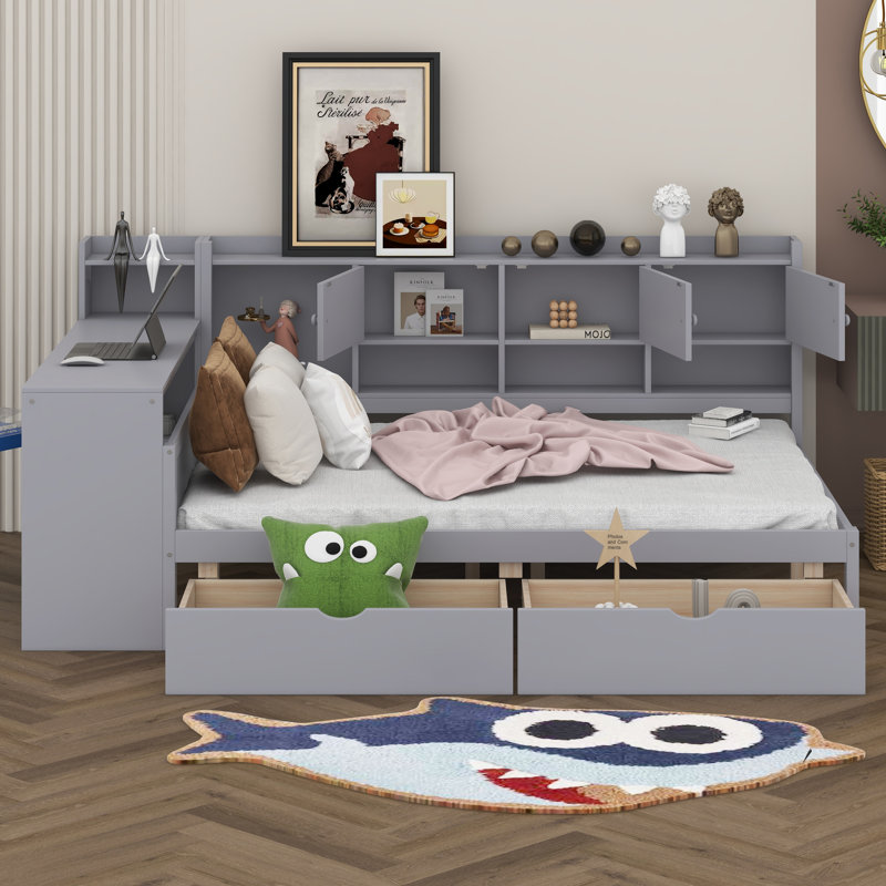 Lit de jour avec bureau d'étude et bibliothèque intégrée, lit de jour capitaine multifonctionnel avec armoires et deux tiroirs pour la chambre à coucher