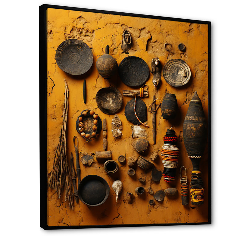 Art mural noir sur toile de poterie noire d'Afrique, Cadre flottant noir, 20" H x 12" W