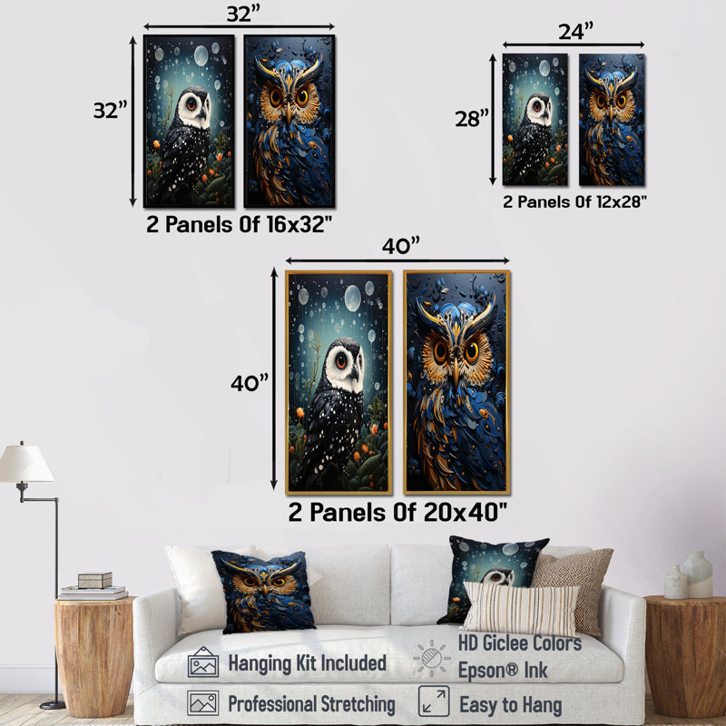 Ensemble de salon noir Watcher Owl At Twilight - Owl Wall Art, Toile tendue, H 28 po x l 25 po