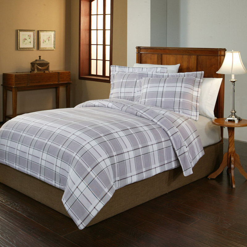 Gray and White Plaid Cotton Flannel Twin XL Duvet Cover Set