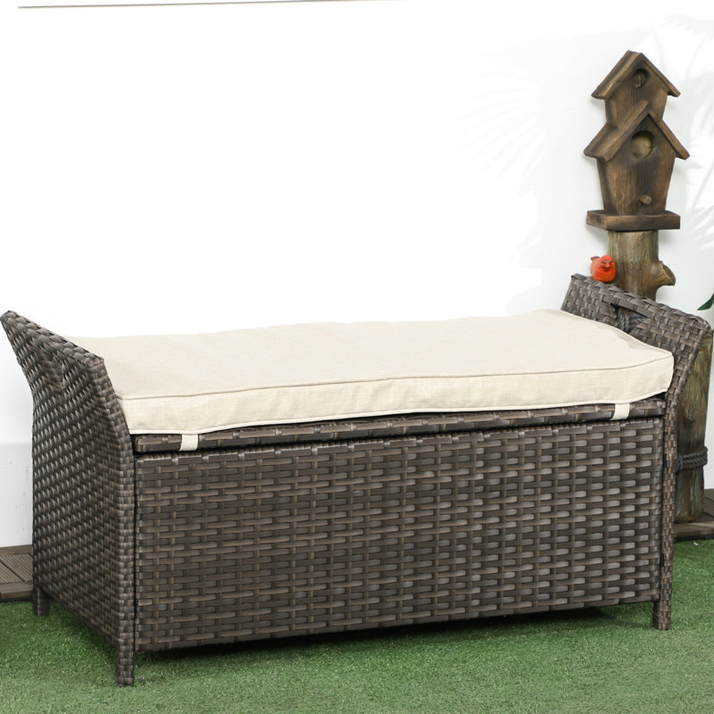 Banc d'extérieur 27 gallons, blanc crème avec coussin confortable, unité de rangement pour terrasse et rangement de 21 boîtes, blanc patio, unité fonctionnelle