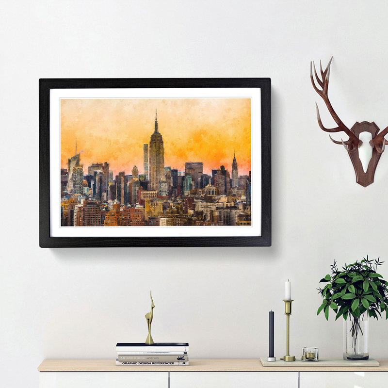 Yellow New York Skyline - Picture Frame Painting Print, Black Framed, 40cm H x 60cm W x 2cm D
