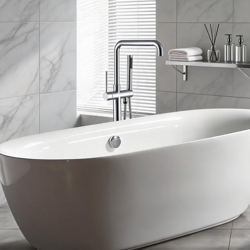 Robinet de baignoire autoportant avec douche à main au fini chromé et fabrication en métal