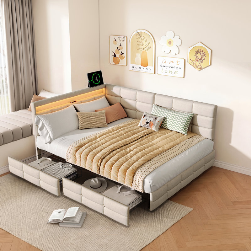 Upholstered Daybed with Drawer Storage, Beige, 140 x 190 cm