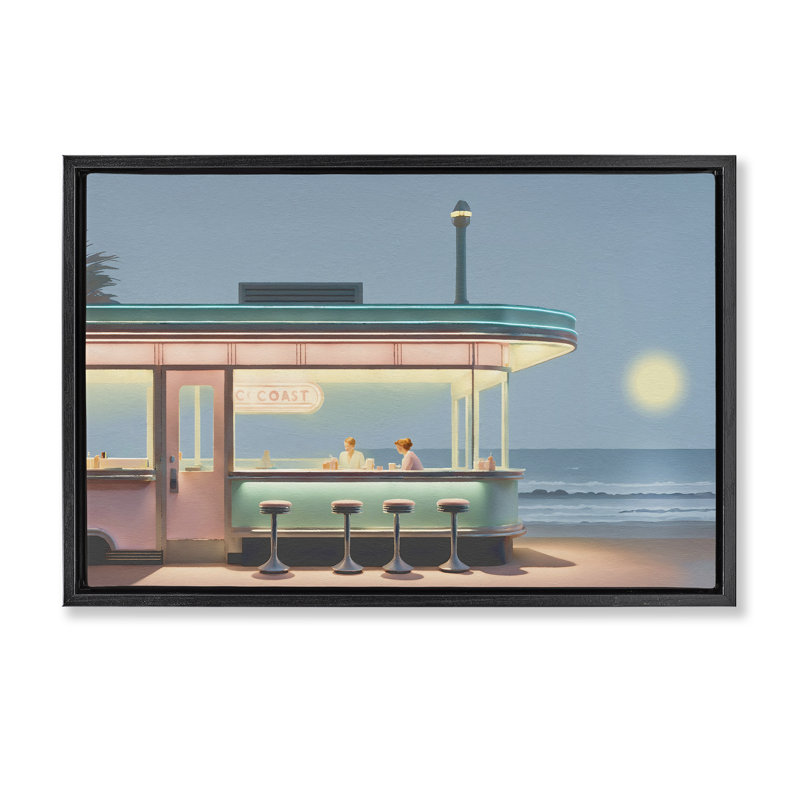 "Evening Diner on Beach", art mural sur toile flottante, design par Noah Bay, Cadre flottant noir de jais, H 17 po x l 25 po
