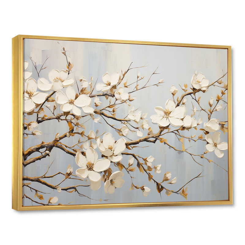 «White Dogwood Blossom Escape I» sur toile, Cadre flottant doré, H 24 po x l 32 po x P 1 po