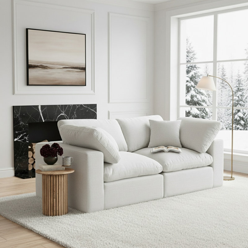 Hisamuddin 119" Linen Modular Sofa, White Linen Textured Fabric