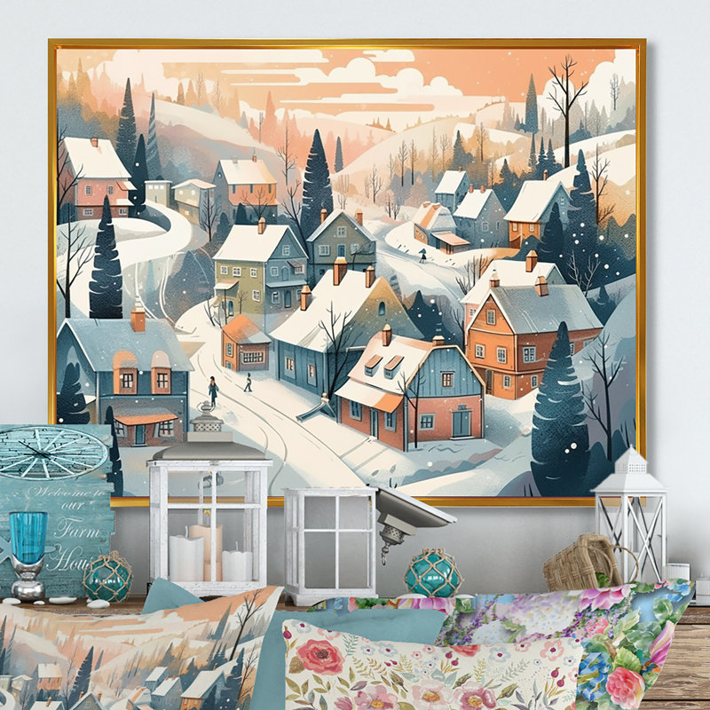 Winter Village II - Imprimé, H 12 po x l 20 po x P 1 po, Cadre flottant doré