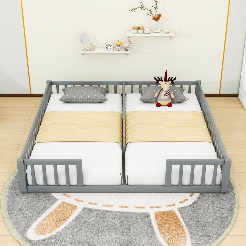 Twin & Twin Wood Double Floor Bed With Guardrails, Gray