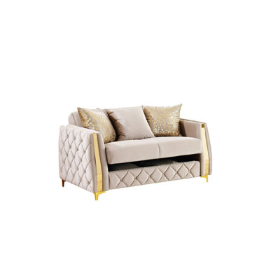Lippa Upholstered Loveseat In Taupe Fabric With Gold Stainless Steel Legs, Foam Cushioning And Sturdy Wood Frame