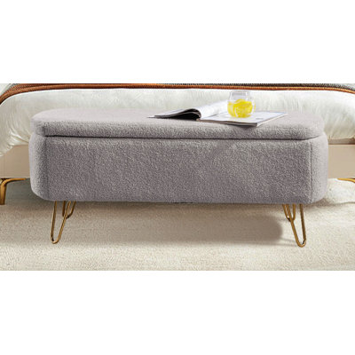 Banc de rangement, repose-pieds en fausse fourrure avec pieds dorés, rembourré avec rangement pour le lit, le vestibule, le salon