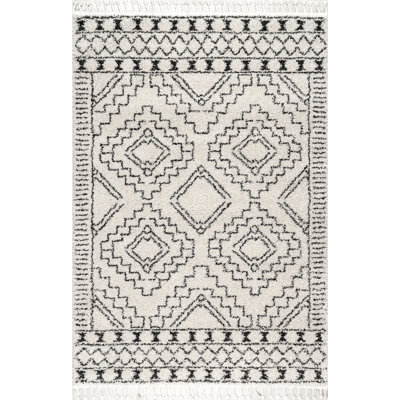 Tapis à poil long blanc cassé et gris anthracite à motif géométrique pour le salon, la chambre à coucher, la salle à manger, la chambre de bébé, le vestibule ou le couloir Adry