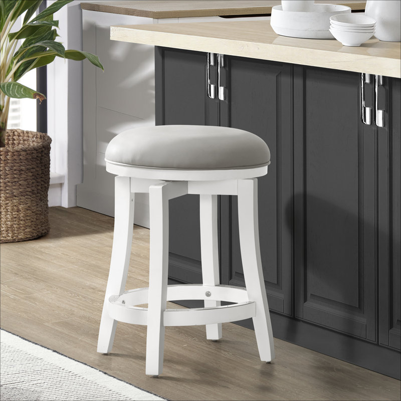 Ellie 21" Wide Solid Rubber Wood Frame Linen Fabric Counter Height Round Swivel Stool, Counter Stool (25" Seat Height), 1