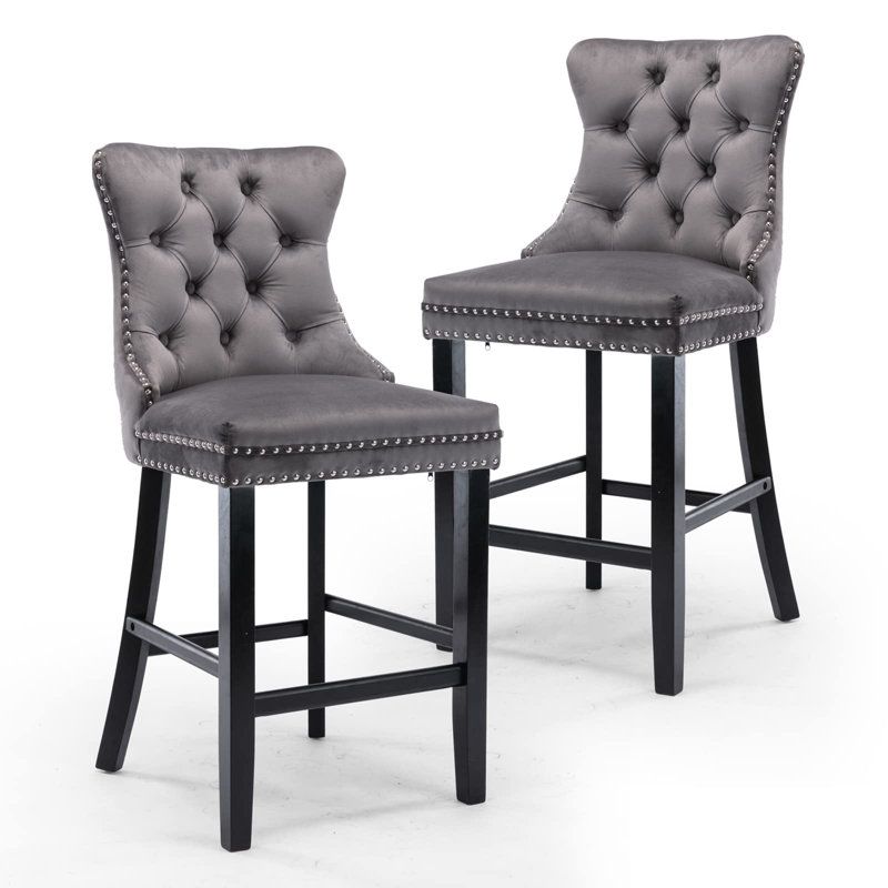 Upholstered Counter Stool with Solid Wood Frame, Black, Gray