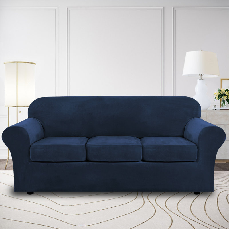 Modern Soft Velvet Plush 4 Piece High Stretch Sofa Slipcover Furniture Protector Luxury Thick Velvet Sofa Cover for 3 Cushion Couch Machine Washable
