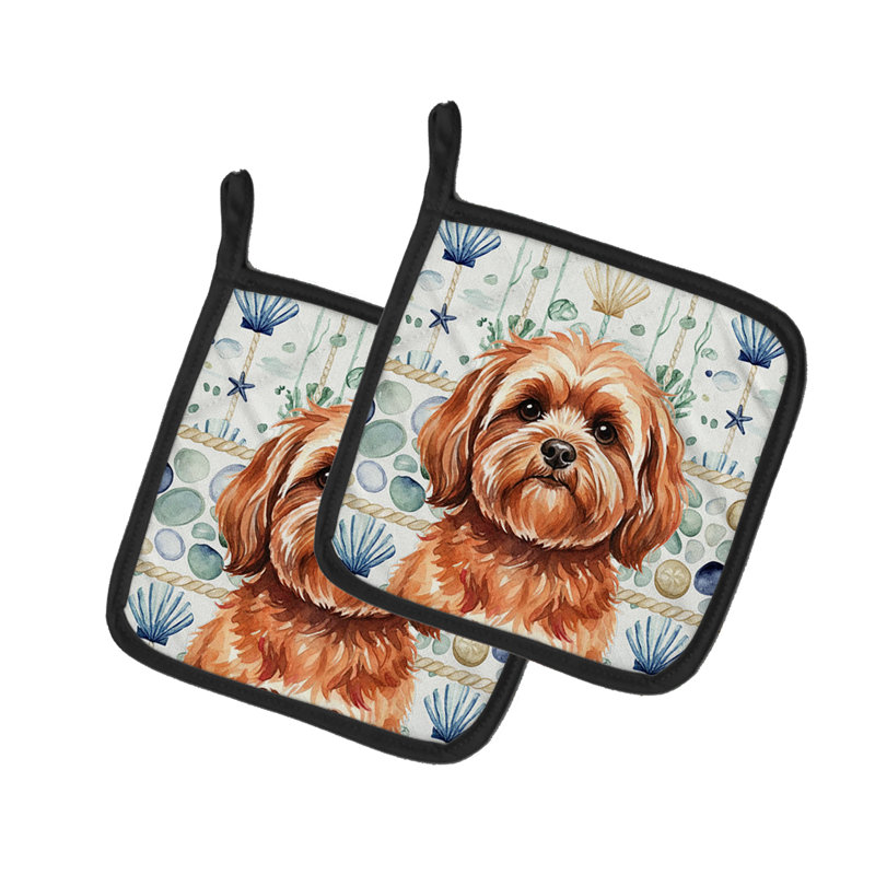 Paire de poignées en verre rouge Lhasa Apso