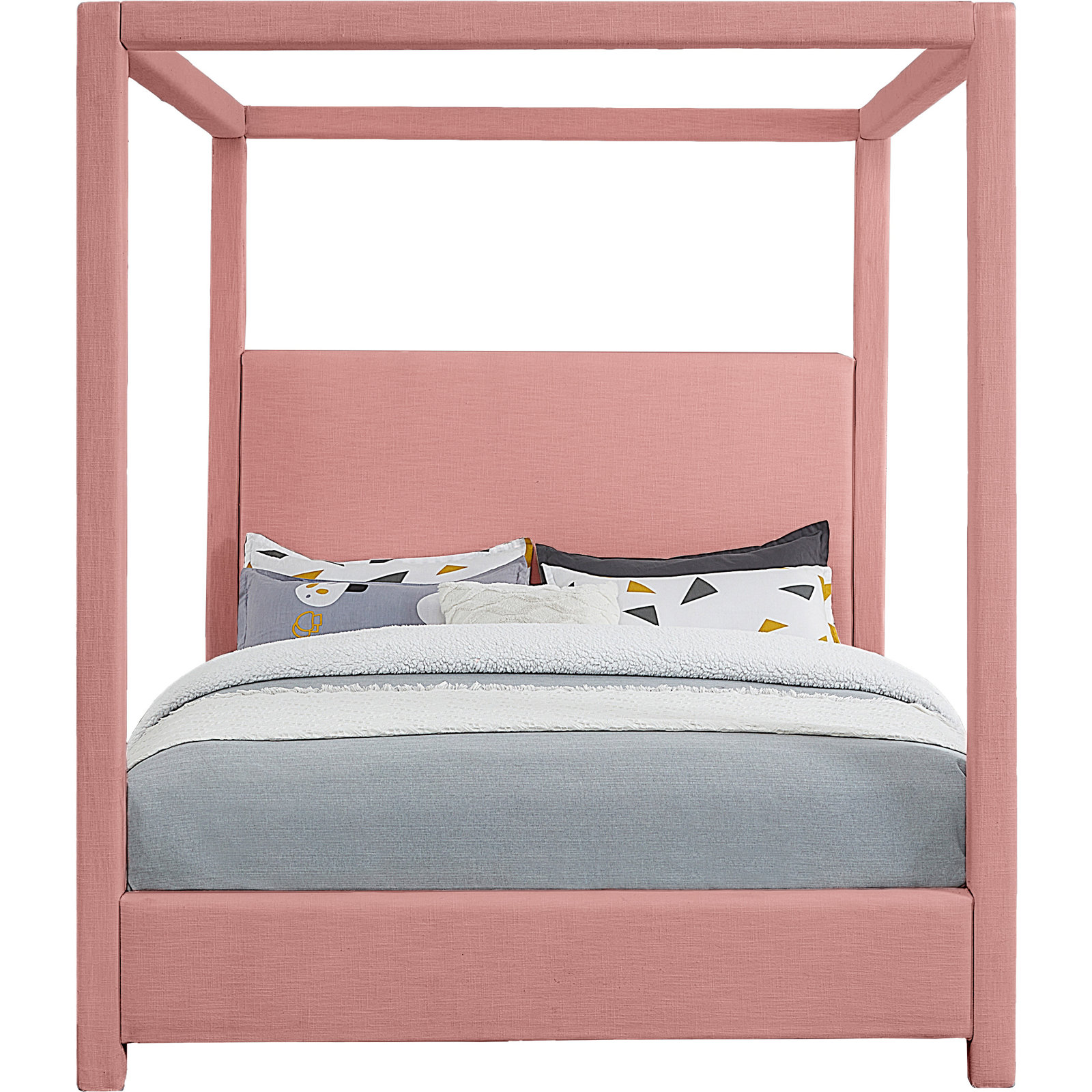 Mistaya Upholstered Canopy Bed, Queen, Pink Linen