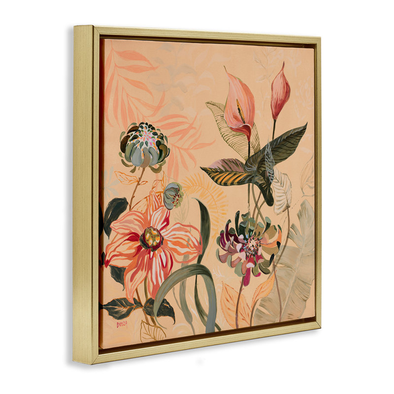 Cadre flottant avec feuillage tropical et fleurs, design par Dusza, H 25 po x l 25 po, Cadre flottant métallique doré