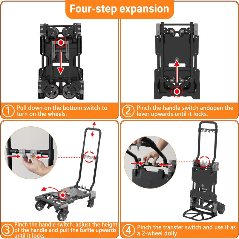2-In-1 Folding Hand Truck Dolly Cart With 330 Lbs Capacity - Retractable Handle, Convertible Design