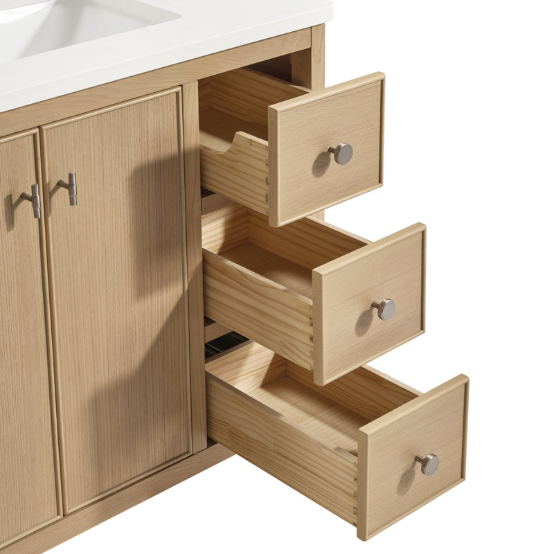 Newel 36 In. Single Sink Freestanding Bath Vanity In White Oak With Carrara Quartz Top