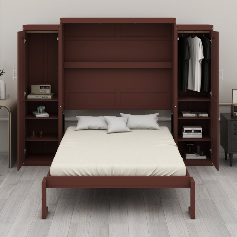 Lit escamotable avec garde-robe et tablette de rangement, Noyer