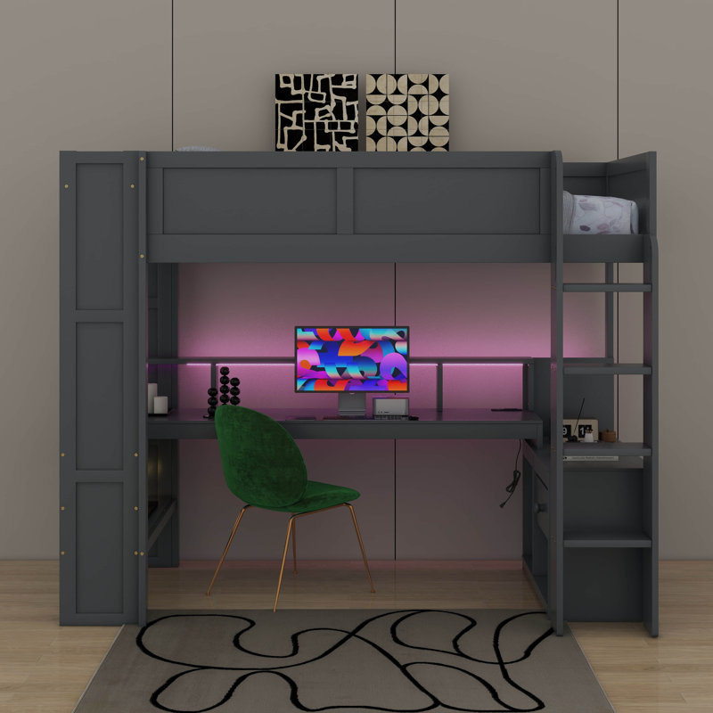 Lit mezzanine avec bureau Gaming, tablettes multi-rangements, DEL et station de charge, Lit simple