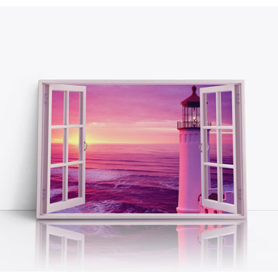 Sunset Lighthouse Through a 3d Window View 1 Piece Wrapped Canvas Wall Art