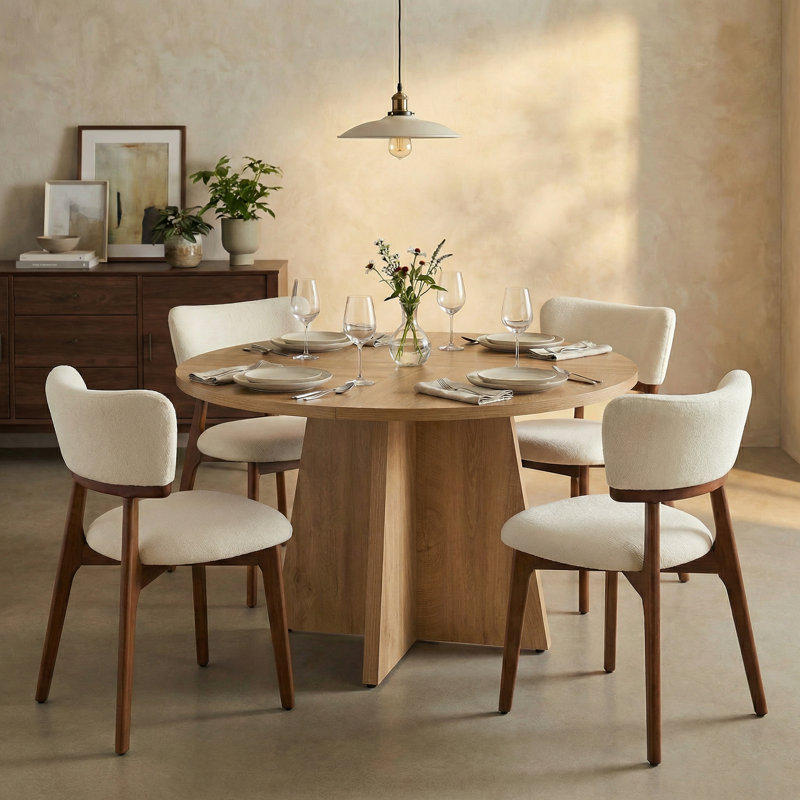 Rohun 47.2"L Round Modern Kitchen Dining Table Set With 32.1"H Dining Chair, Light Brown, 5 Pieces: Table, 4 Chairs, Green