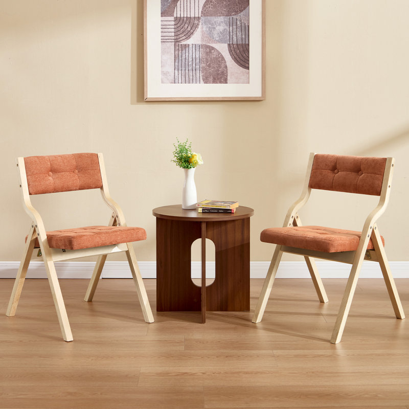 Chaise pliante au design élégant avec structure en bois massif et dossier et siège rembourrés capitonnés, Orange / naturel