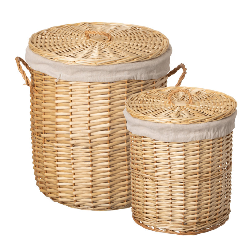  Ensemble de 2 paniers à linge ronds en osier avec couvercle, poignées latérales et doublures amovibles en tissu, paniers de rangement décoratifs naturels pour serviettes, couvertures et rangement