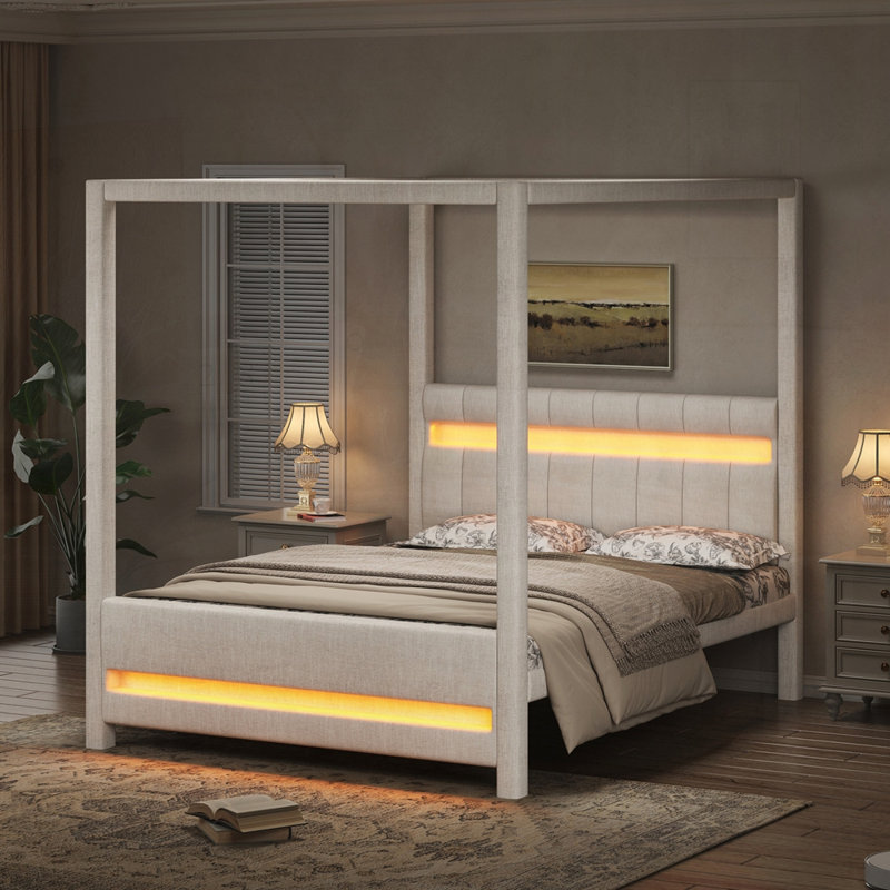 Lit plateforme tapissier à baldaquin avec lumières DEL et tête de lit
