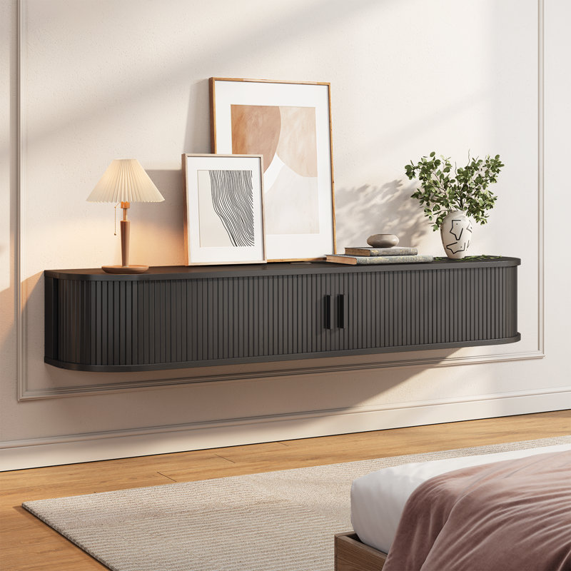 Meuble télé flottant avec lumières RVB, tablette télé murale, Noir, H 11,8 po x L 80 po x l 11,8 po
