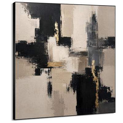 Impression sur tissu grand format - Motif abstrait en blocs de peinture noir, gris, beige et or pour salon ou chambre à coucher « Assemblage du cadre requis (cadre non fini) »