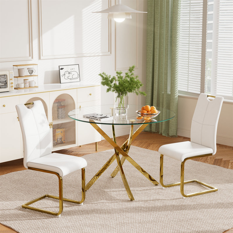 Table de salle à manger ronde en verre pour 4-6, base en métal robuste avec protecteurs de plancher antidérapants réglables - Table de cuisine moderne pour salle à manger, appartement, maison, condo