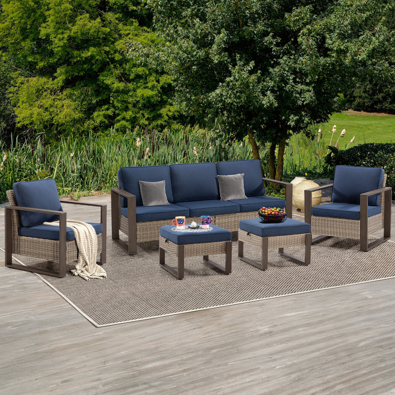 Creal 5-Piece Outdoor Sofa Seating Group with Cushions, Navy