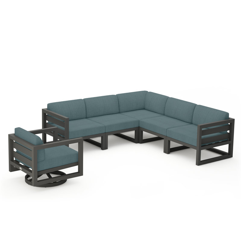 Avion 6 Piece Sectional Set With Swivel, Slate, Cast Lagoon Sunbrella® Plainweave