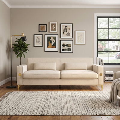 85.63"Velvet Modern Upholstered 3-Seater Sofa Straight Beige