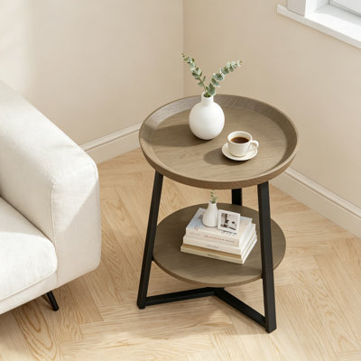 Round End Table with Storage Shelf, 2 Tier Farmhouse Side Table Nightstand for Living Room, Bedroom, Wood Tabletop & Metal Frame