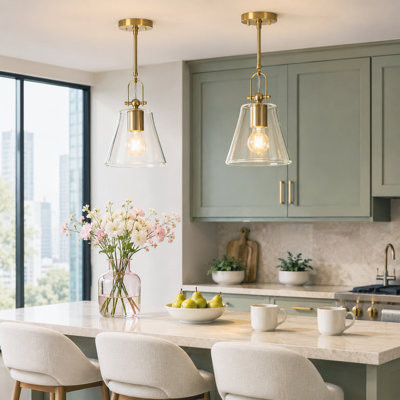 Suspension pour îlot de cuisine de style transitionnel à 1 lumière, à intensité variable, avec cloche en verre transparent (ensemble de 2)